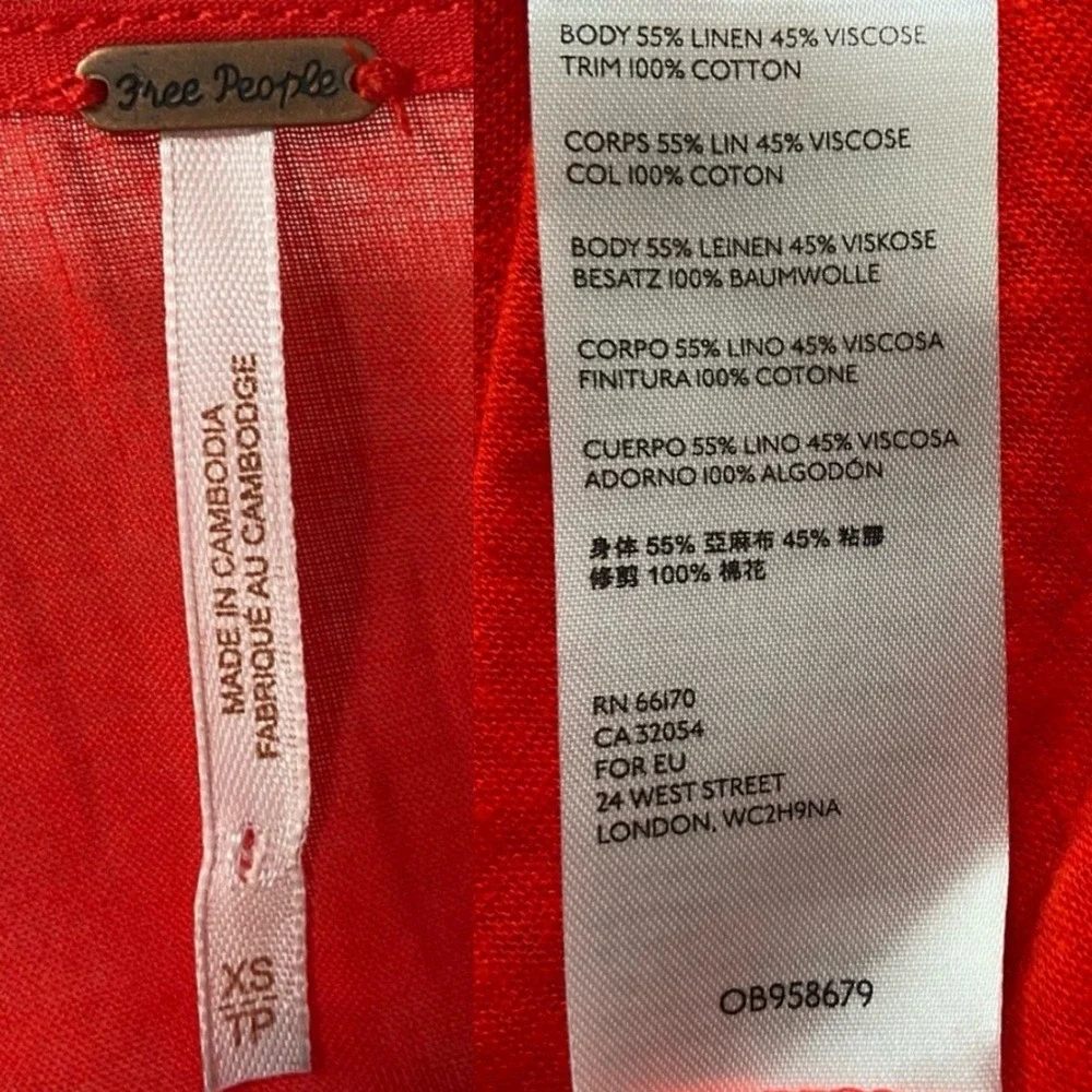 Free‎ People Highland V-Neck Linen Blend T-Shirt in Red Size XS